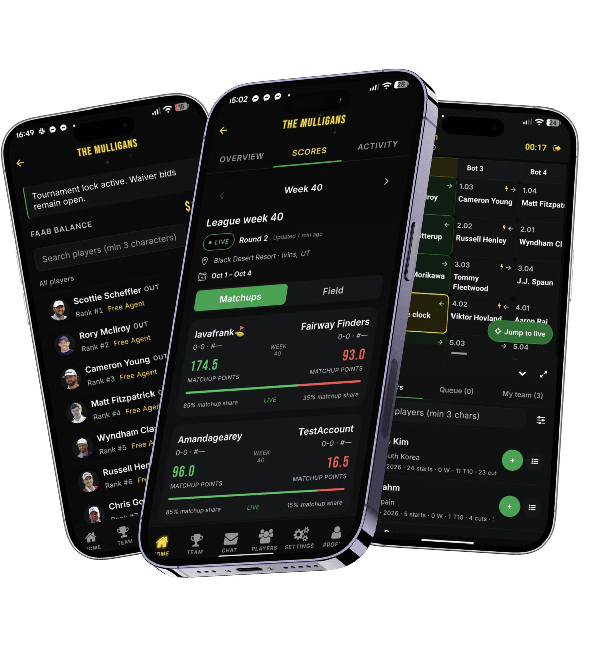 Three Knockdown app screens: roster, live leaderboard, and league chat