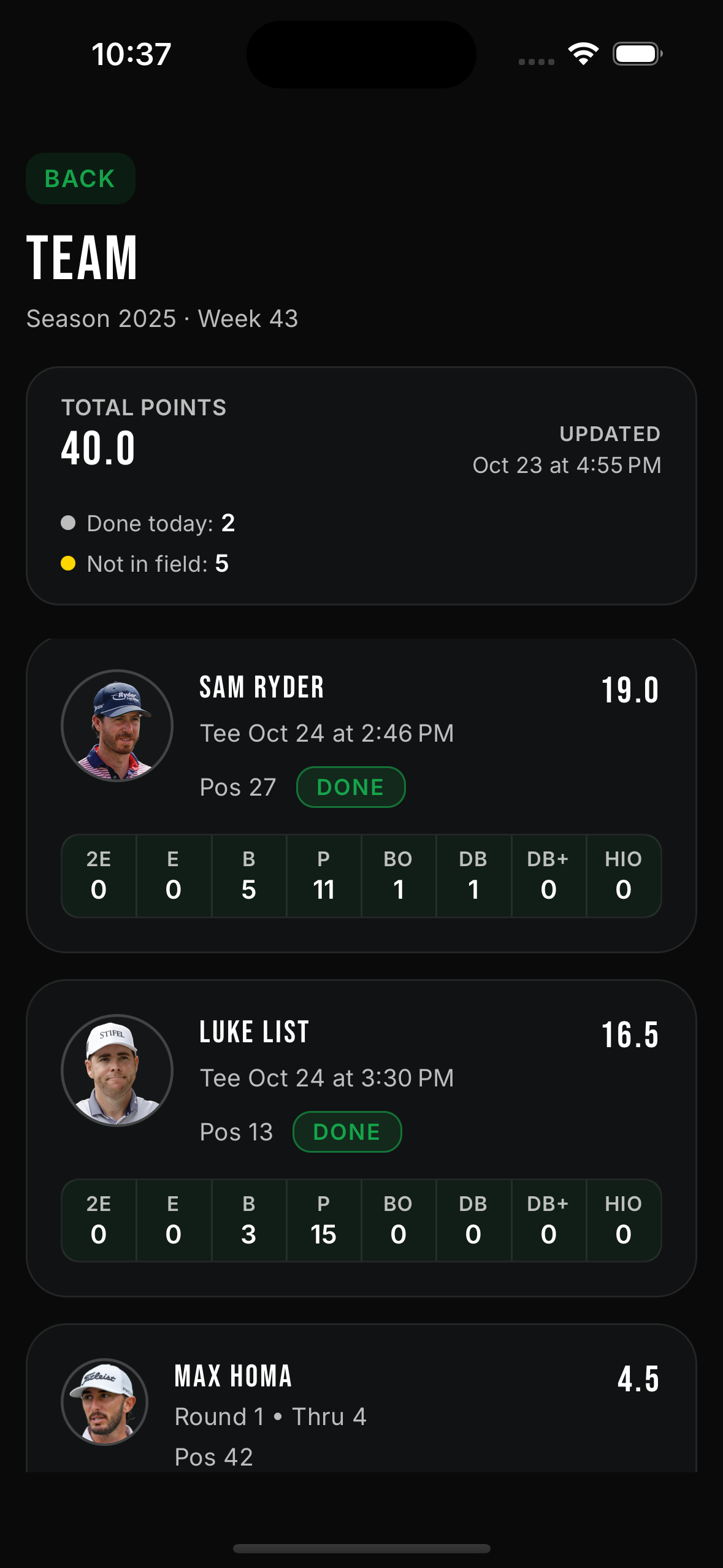 Knockdown Fantasy Golf App - Live Leaderboard